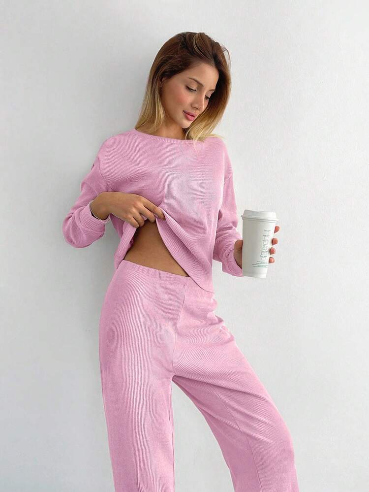 EURMUSE Cotton Women Solid Color Ribbed Tee & Pants - Pink - View 3