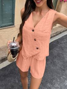 Selianne Conjunto de 2 piezas informal de chaleco y shorts de unicolor para mujer, para verano - Naranja Coral - Ver 4