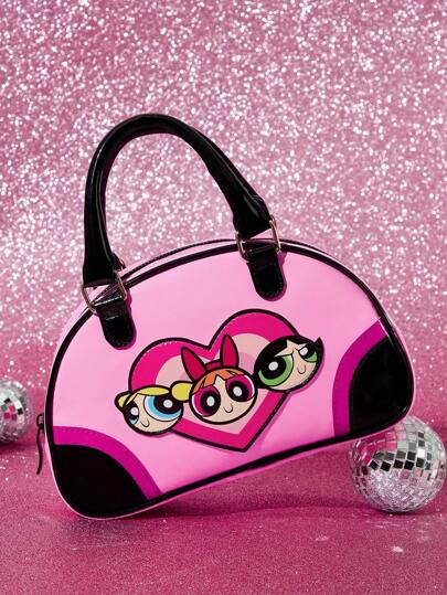 THE POWERPUFF GIRLS X SHEIN 1pc Shiny PU Leather Cartoon Character Printed Handbag, Cute & Sweet, Suitable For Commuting, School, Shopping, For Women & Students, Can Hold Phone, Tissue, Wallet, Keys, Bubbles, Buttercup, Blossom,Y2K