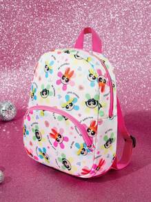 THE POWERPUFF GIRLS X SHEIN 1 件可爱卡通图案印花涤纶背包，幼儿背包，学龄前 3 岁以上，可调节肩带，适合男孩和女孩，泡泡、花朵、毛茛、爱心 - 彩色 - 查看 4