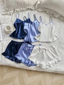 SHEIN 3件套女士撞色荷叶边仿丝服装套装