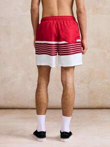 Surfspeed Men's Striped Print Drawstring Waist Beach Shorts - Red - View 2