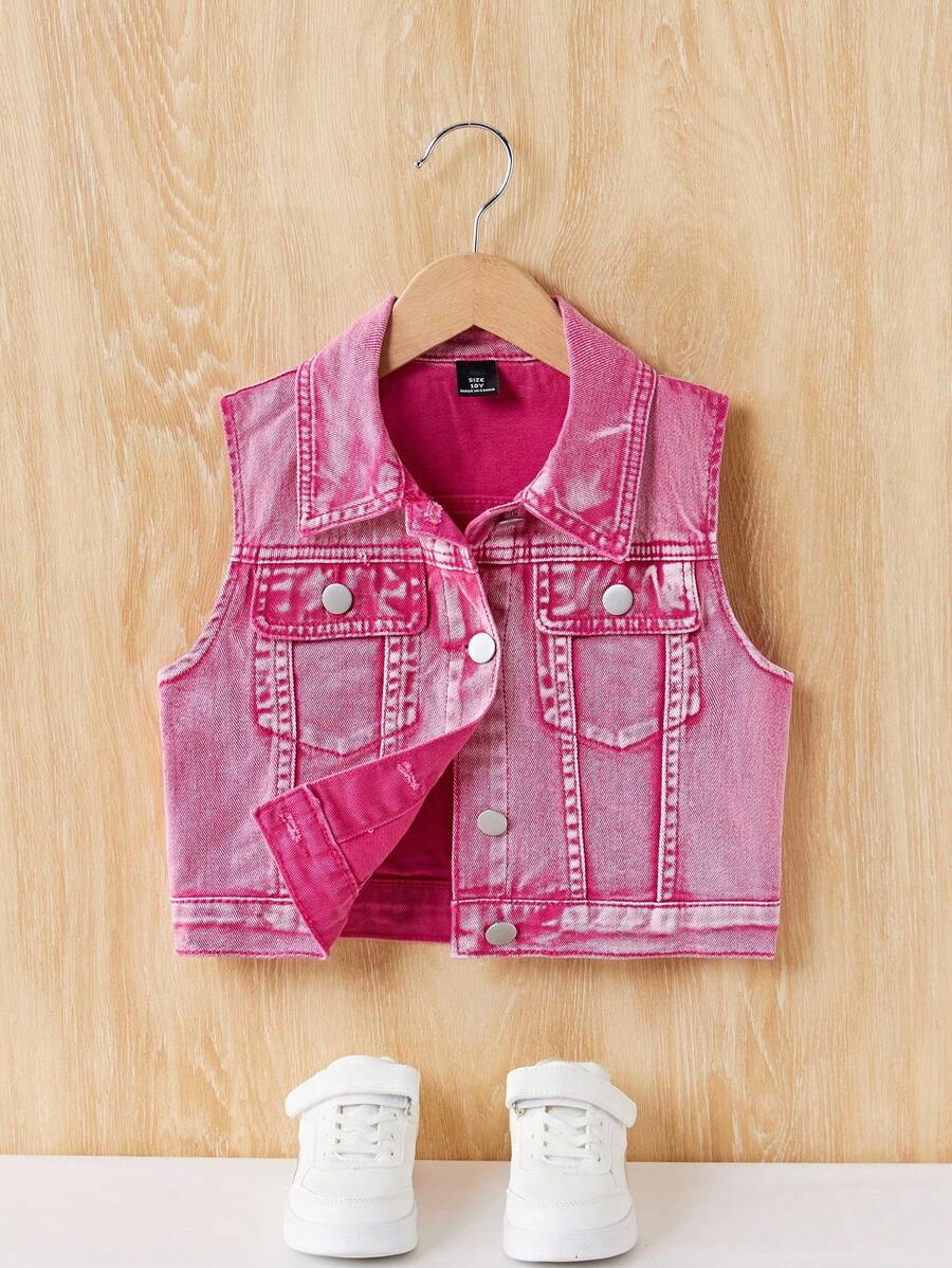 SHEIN Tween Girl Y2K 春夏波西米亚风水洗休闲时尚学院风无袖牛仔夹克 - 粉色 - 查看 1