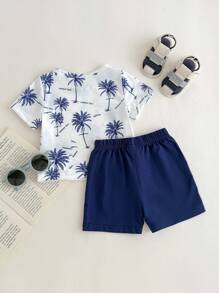 Baby Tropical & Letter Graphic Tee & Shorts - Blue and White - View 2