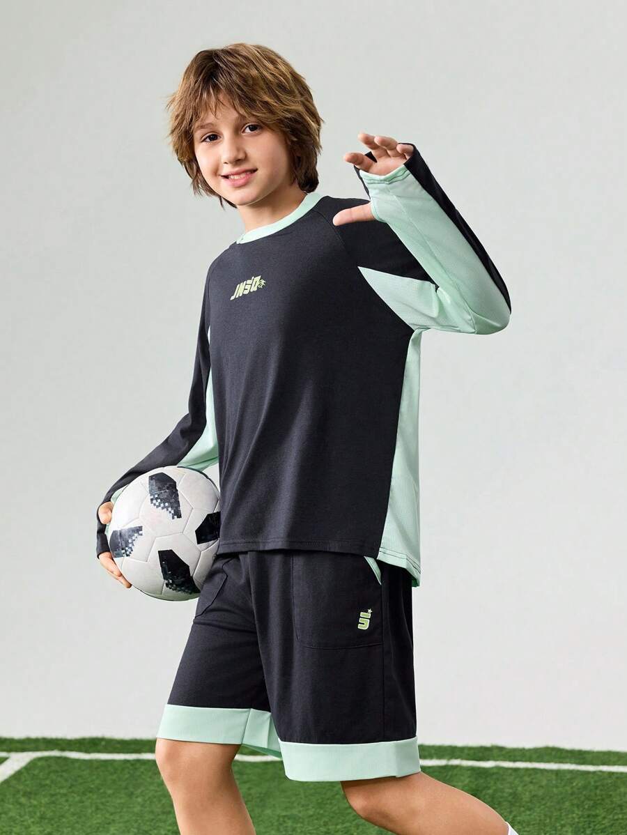 JNSQ Conjunto de uniforme de manga larga y pantalones cortos para deportes al aire libre para volver a la escuela, niños con cuello redondo, parches de color contrastante y estampado divertido, conjunto de manga larga y pantalones cortos para deportes al aire libre - Multicolor - Ver 1