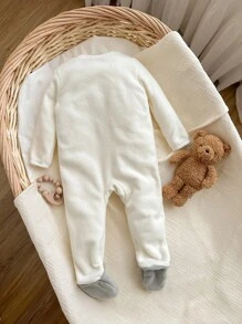Newborn Baby Boy Autumn/Winter Cute Cartoon Embroidery 3D Ear Snap Front Cozy Plush Fleece Footed Romper Jumpsuit Outfit - White - View 2