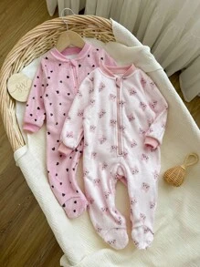 2 件套新生儿女孩可爱猫咪和心形印花罗纹领前拉链长袖连脚柔软保暖羊毛连体衣睡衣，适合秋冬季 - 粉色 - 查看 7