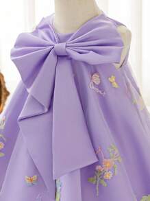 Glamorique Kids Purple Floral Summer Elegant Wedding Guest Girls Sleeveless Satin Princess Dress,Birthday Party Gown With Bow Decor & Embroidered Hem For Recital - Purple - View 6