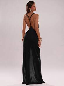 SHEIN BAE 女式纯色V领无袖开衩夏季露背镂空连衣裙 - 黑色 - 查看 5