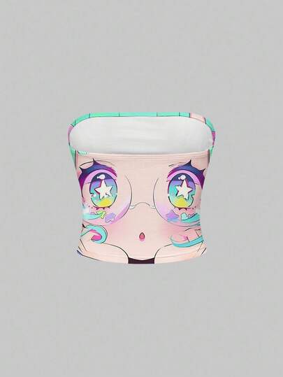 Anime Top corto sin mangas con gráfico de ojos grandes y caras kawaii de color verde y rosa, estilo subcultura Y2K para mujeres
