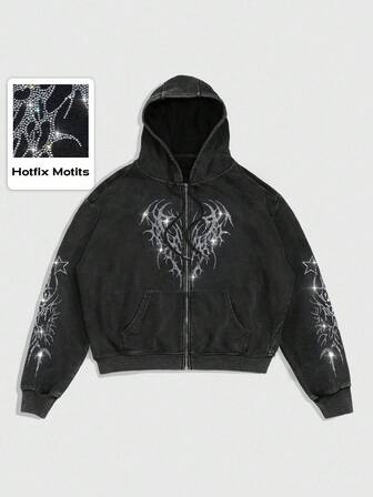 Street Life Sudadera con capucha casual y gótica con cremallera frontal y cordón, con detalles de strass, para otoño