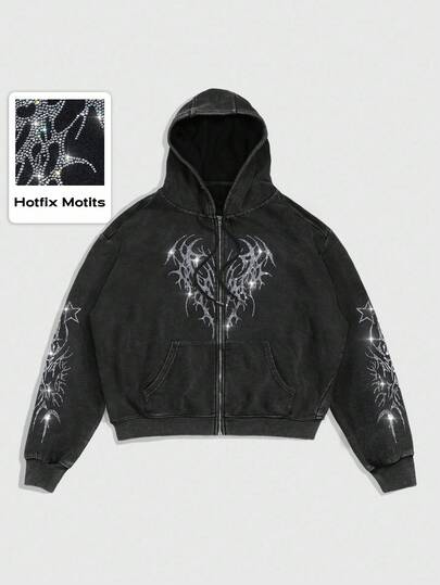 Street Life Men's Casual Gothic Everyday Rhinestone Zipper Front Drawstring Hoodie Sweatshirt , Fall
