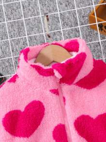 SHEIN Tween Girls' Loose Casual Fuzzy Heart Zipper Warm Jacket,In Fall/Winter