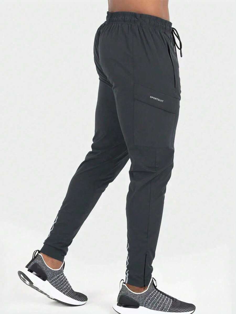 Manfinity Sport Corelite Boyfriend Style Men's Reflective Print Drawstring Waist Sports Pants Sweat Pants - Dark Grey - View 1