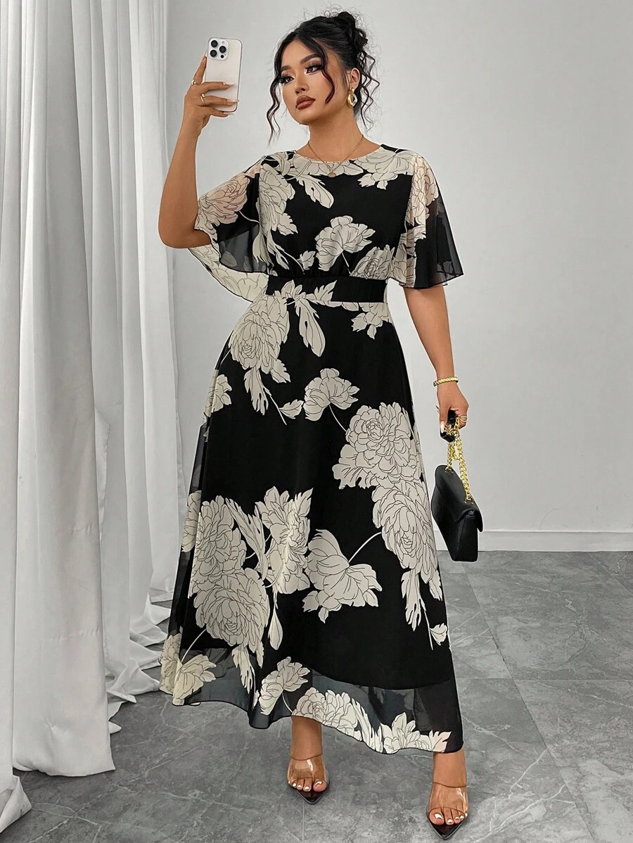 Modelyn 大码女式优雅圆领荷叶边喇叭袖合身飘逸长款雪纺连衣裙，春夏