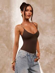 SHEIN BAE 棕色串珠细肩带女式紧身衣，夏季紧身衣，紧身性感复古吊带紧身衣，海滩度假背心，珍珠串珠吊带