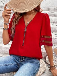 SHEIN LUNE 女士纯色前拉链 3/4 袖宽松休闲衬衫 - 紅色 - 查看 4