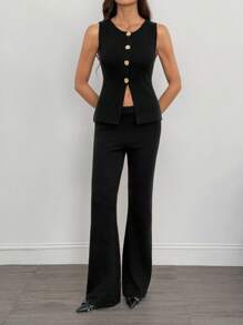 SHEIN Tall 2pcs Women Casual Commuter Sleeveless Top And Slim Flare Pants Knit Sweater Set Black Two Pieces Set In Fall/Winter, Tall Women - Black - View 4