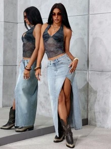 Jeanoix Casual Fashionable Sexy Slit Button Denim Mini Skirt For Women Y2k