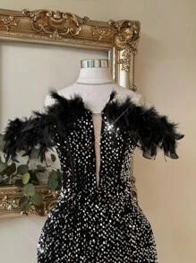 SHEIN Belle 优雅华丽的经典黑色弹力天鹅绒亮片面料，露肩羽毛缝线装饰胸部和袖子，带鱼骨，适合派对和舞会的臀部覆盖连衣裙返校季节（衣领为火鸡羽毛）女士鸡尾酒会礼服，舞会半正式礼服，适合生日、婚礼嘉宾、毕业典礼、晚宴、返校节