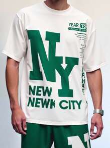 SHEIN 青少年男童休闲宽松舒适百搭印花短袖上衣和短裤套装 - 墨綠色 - 查看 3