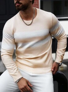 Manfinity Homme 男士条纹圆领长袖休闲套头衫 - 杏色 - 查看 6