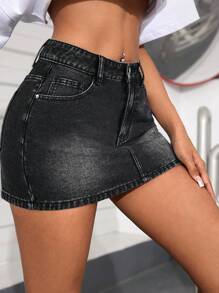 SHEIN PETITE Váy mini denim đa năng thường ngày có túi trang trí cho nữ - màu đen - Xem 3
