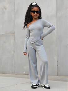 Conjunto de 2 peças para meninas adolescentes, blusa de manga comprida com nervuras e ombros oblíquos + calça reta