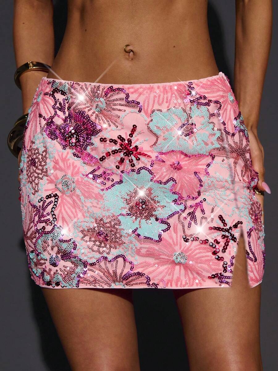 SHEIN BAE Váy mini thêu họa tiết màu hồng trơn mùa thu, váy mini thanh lịch cho ngày lễ của quý cô - Hồng - Xem 1