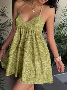 Sunnyshic Paisley Print Deep V-Neck Mini Dress - Dark Green - View 3