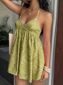 Sunnyshic Paisley Print Deep V-Neck Mini Dress - Dark Green - View 5