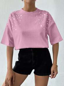 EURMUSE 100%纯棉女款白色水钻T恤 - 淺粉色 - 查看 4