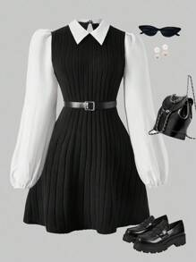 SHEIN Streecool Teen Girl Casual College Style Teen Girl Patchwork Long Sleeve Short Casual Dress Fall Winter