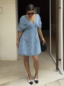 Dripcurv 大码女式蓝色雪花图案深V领牛仔连衣裙，中长袖夏季连衣裙