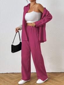 SHEIN PETITE 女式纯色长袖单排扣衬衫和裤子休闲两件套 - 玫紅色 - 查看 5