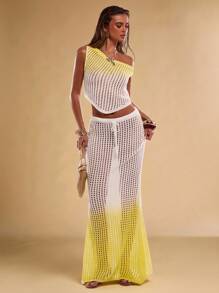 SHEIN BAE Women's White And Yellow Asymmetric Neck Strapless Knit Tops,Slouchy Boho Summer Casual Resort Woolen Knit,Street Wear Vacation Holiday - Multicolor - View 1