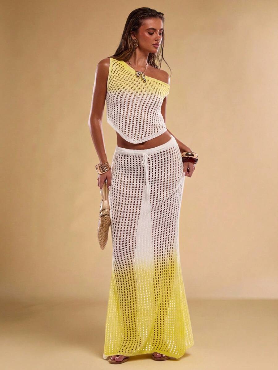 SHEIN BAE Women's White And Yellow Asymmetric Neck Strapless Knit Tops,Slouchy Boho Summer Casual Resort Woolen Knit,Street Wear Vacation Holiday - Multicolor - View 1