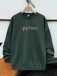 SHEIN 青少年男孩休闲街头风格彩虹标语印花纯色圆领长袖运动衫，适合通勤、上学、日常休闲、旅行、运动、派对、秋冬 - 墨綠色 - 查看 6