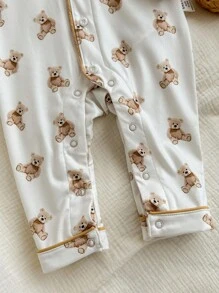 Newborn Baby Boy Cute Bear Pattern Lapel Button Pocket Long Sleeve Jumpsuit Soft Loungewear