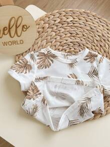 2 件套男婴/女婴夏季海滩度假可爱图案印花短袖 T 恤和纯色松紧腰短裤套装