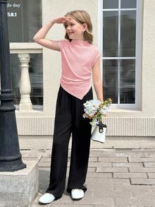 SHEIN 青少年女孩休闲针织纹理修身立领褶饰不对称下摆短袖上衣，适合春夏季 - 淺粉色 - 查看 5