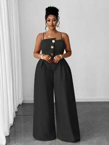 Maweii 大码夏季时尚前扣连体裤 - 黑色 - 查看 4