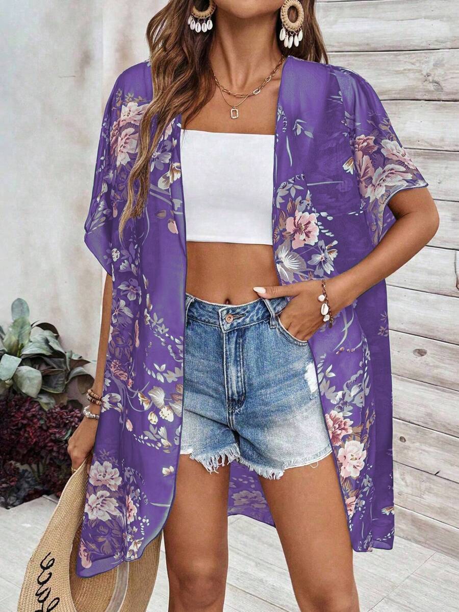 Breezaya Women's Floral All-Over Print Short Sleeve Casual Summer Cardigan