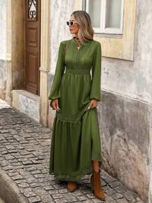 Brillora 女式纯色简约长袖休闲连衣裙 - 橄欖綠 - 查看 5