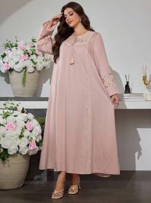 Al Najma V-Neck Tie Sleeve Embroidered Flare Dress, Spring Autumn - Pink - View 5