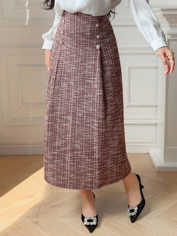 DAZY 优雅纹理不对称女式半身裙，秋冬款 - 粉色 - 查看 3