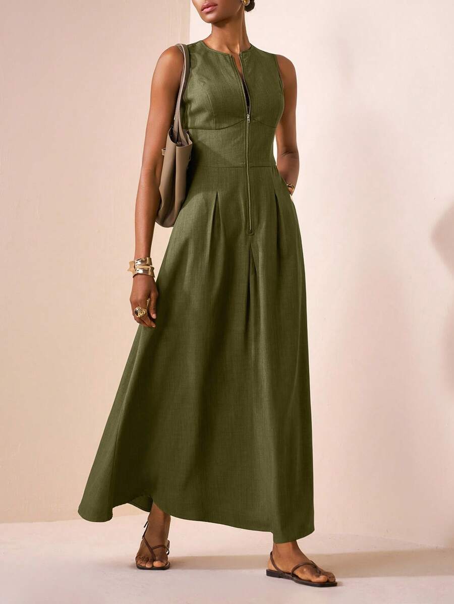 Zivah 2025夏秋新款休闲优雅绿色圆领无袖半开拉链大A字伞裙女式超长连衣裙，日常、购物、返校、穿搭、度假、派对、聚会、通勤皆宜。 - 橄欖綠 - 查看 1