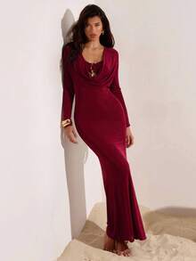 Opulessa Damen Einfarbiges Kleid mit drapiertem Ausschnitt, langem Ärmel und figurbetonter, sexy Passform - Bordeaux - Übersicht 6