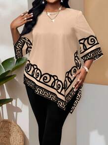 SHEIN Lady 大码时尚通勤撞色印花不对称下摆衬衫 - 卡其色 - 查看 4