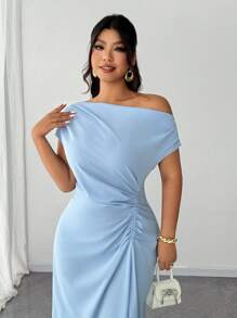 SHEIN PETITE CURVE Đầm thanh lịch thiết kế nhún eo cỡ lớn, vai chéo - Màu xanh lam - Xem 2